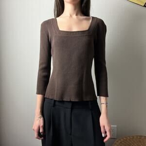 90s vintage brown silk knit minimalist square neck 3/4 sleeve top blouse